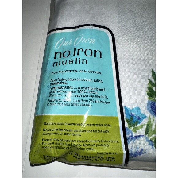 VTG NIP Our Own Twin Flat Sheet Blue Floral No Iron Muslin NOS Retro JC Penny - Picture 5 of 7